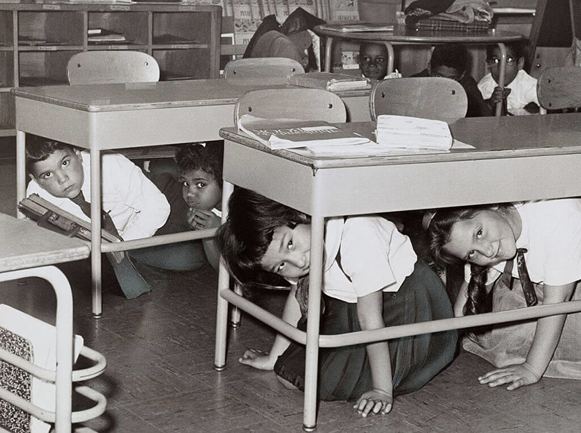Schools in the 1950s and 1960s held “duck and cover” drills because of the threat of a nuclear attack.